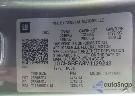 2021 Chevrolet Colorado 2Wd Long Box Wt z USA, uszkodzony, nr VIN 1GCHSBEA8M1129243